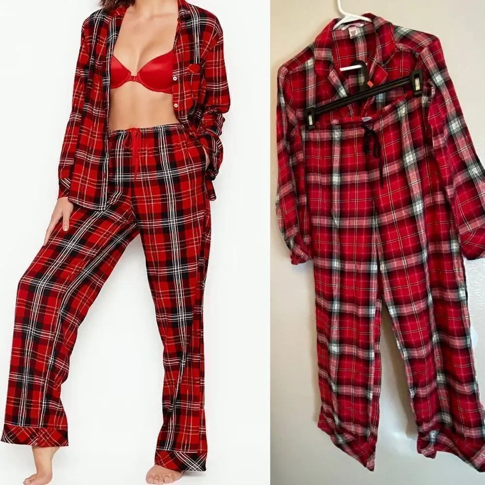 Victoria’s Secret red plaid holiday Christmas pajama set flannel shimmer M